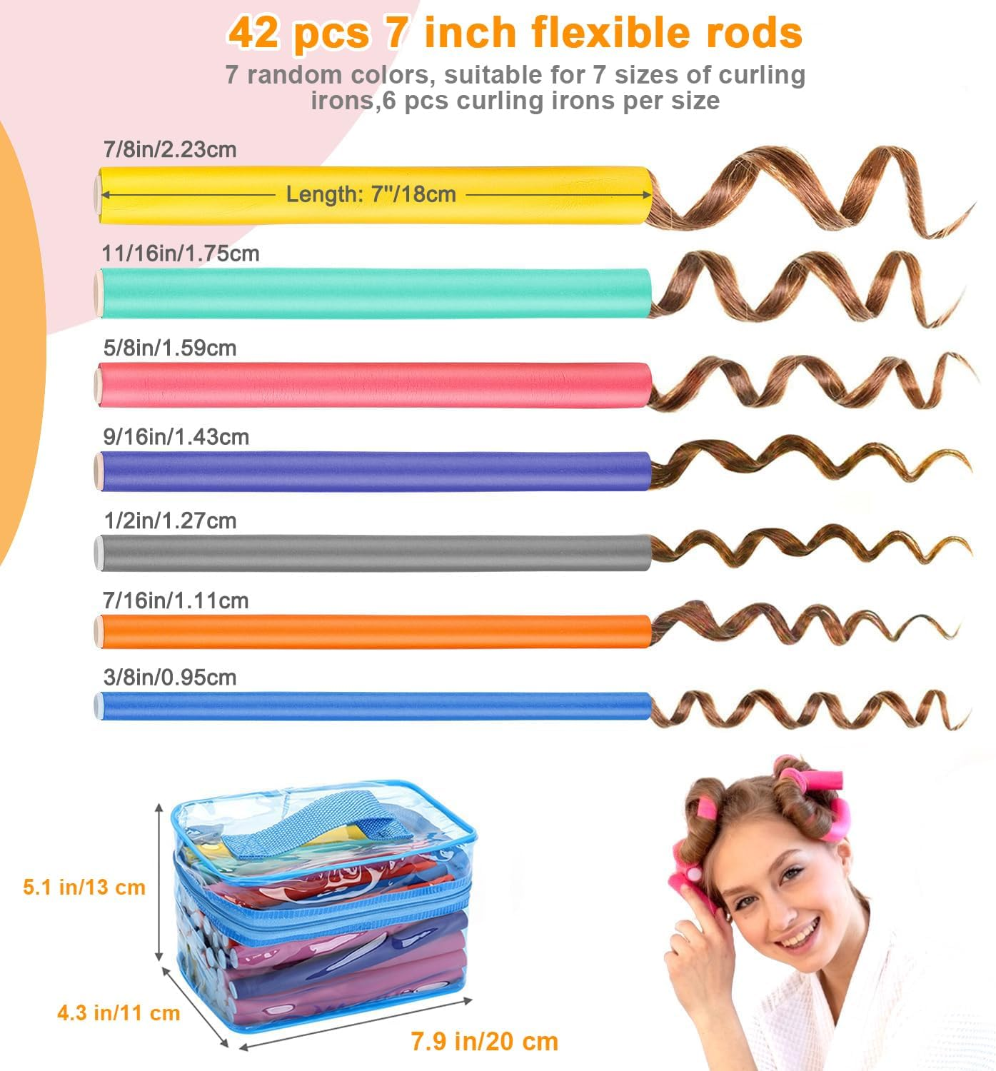 42 Pcs Heatless Curling Irons,Heatless Sleeping Curlers,7 Inch Flexi Soft Foam Heatless Curling Irons,Heatless Curling Barrels for Short and Long Hair - Easy to Use and Won'T Damage Hair image number 5