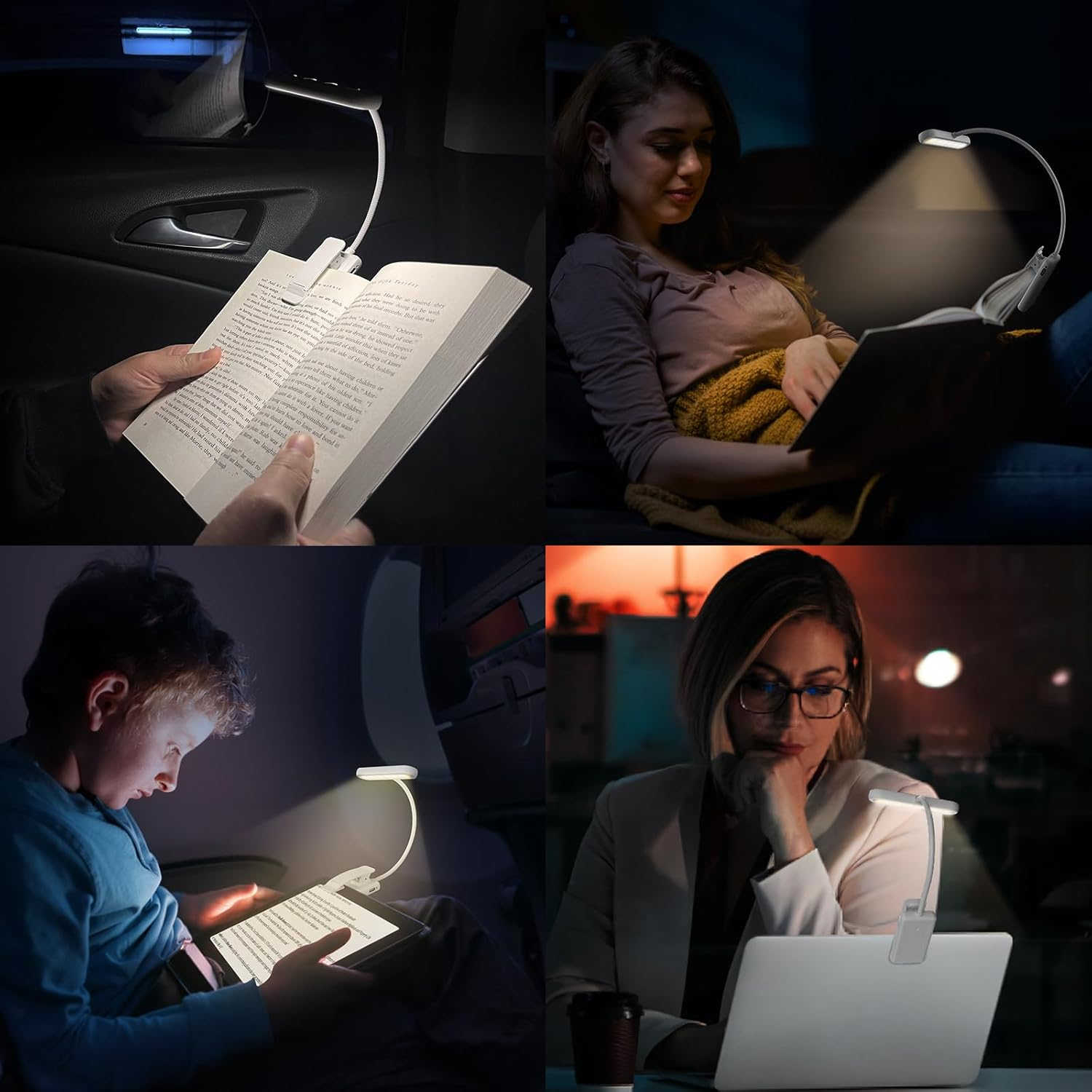 Book Light, [Adapter Included] Rechargeable Book Lights for Reading at Night in Bed with 3 Color & 10 Brightness Dimmable, Flexible Gooseneck Small Clip on Reading Light for Kids - 2 Pack/White image number 7