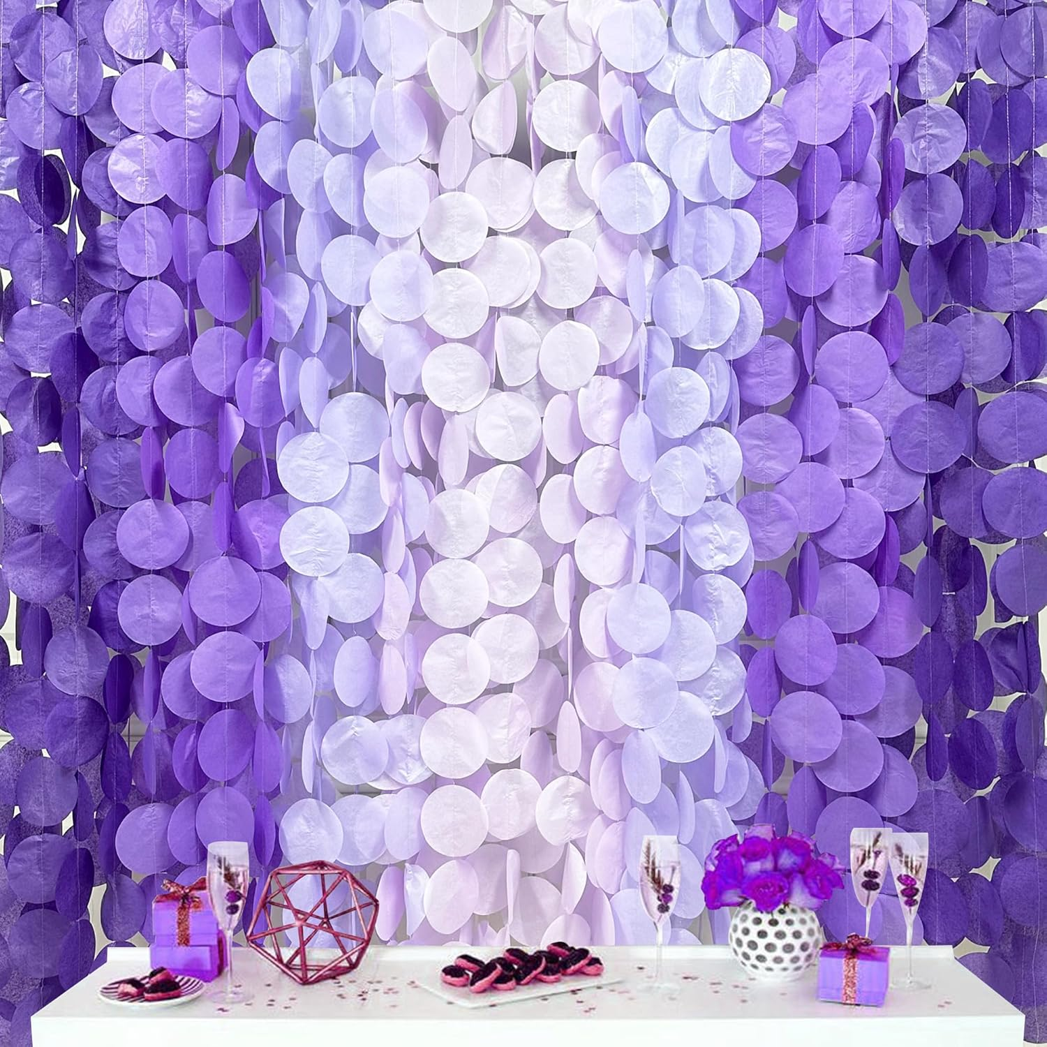 205 Ft Ombre Purple Lavender Circle Dot Backdrop Streamer Tissue Paper Polka Dot Hanging Garland for Birthday Baby Shower Wedding Bridal Shower Engagement Violet Lilac Party Decorations Supplies image number 1