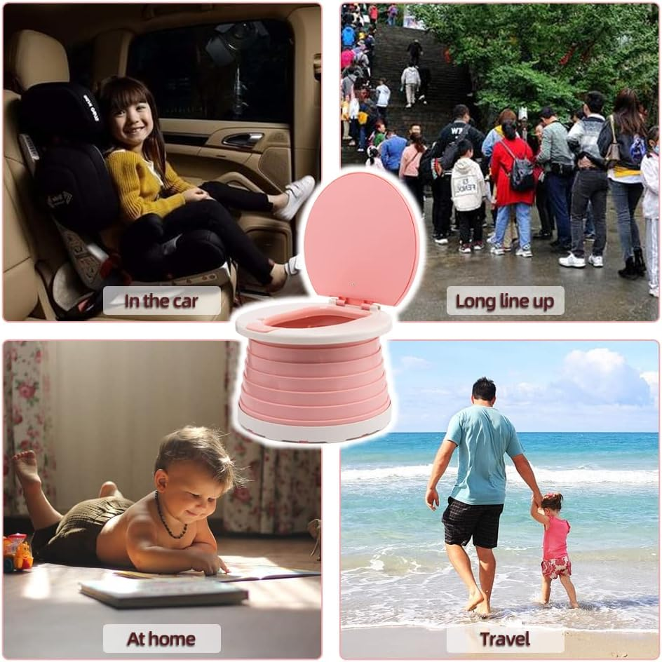 Portable Potty Seat for Kids Toddler,Foldable Travel Potty Training Seat with 2 Rolls Cleaning Bags, Travel Toilet Seat for Car, Camping, Outdoor, Indoor (Pink) - Pink image number 5