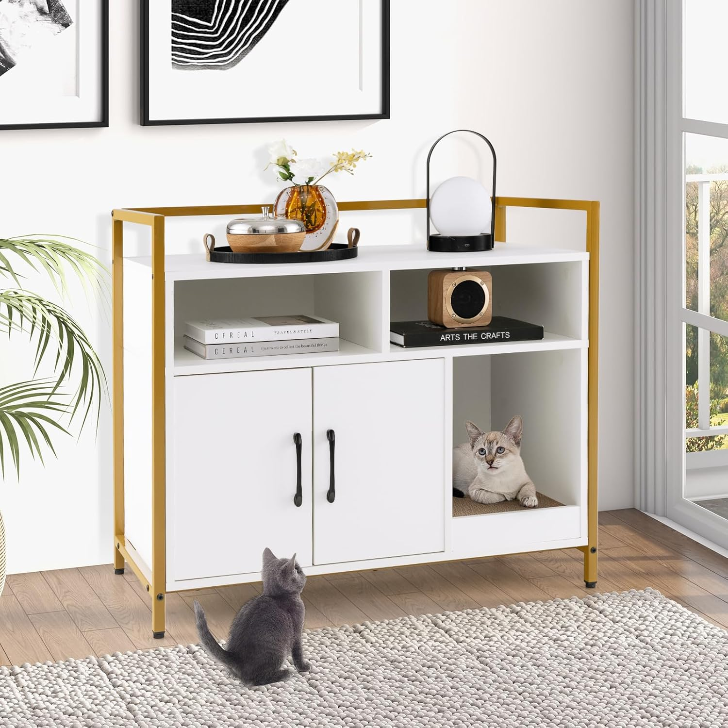 Costway Cat Litter Box Enclosure, Hidden Washroom with Storage & Scratch Pad, Indoor Pet Crate W/Golden Metal Frame, Modern Furniture for Bedroom, Living Room, White,(Pv10054Wh-Costway) - Coffee image number 4