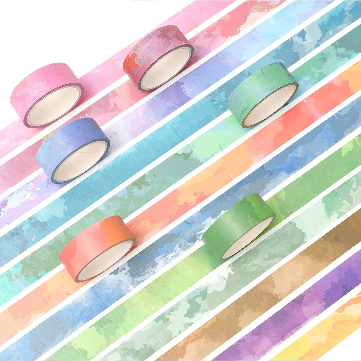 YUBX Watercolors Washi Tape Set 12 Rolls Pastel Colors Masking Macaron Graphic Decorative Tapes for Arts, DIY Crafts, Journals, Planners, Scrapbook, Wrapping image number 2
