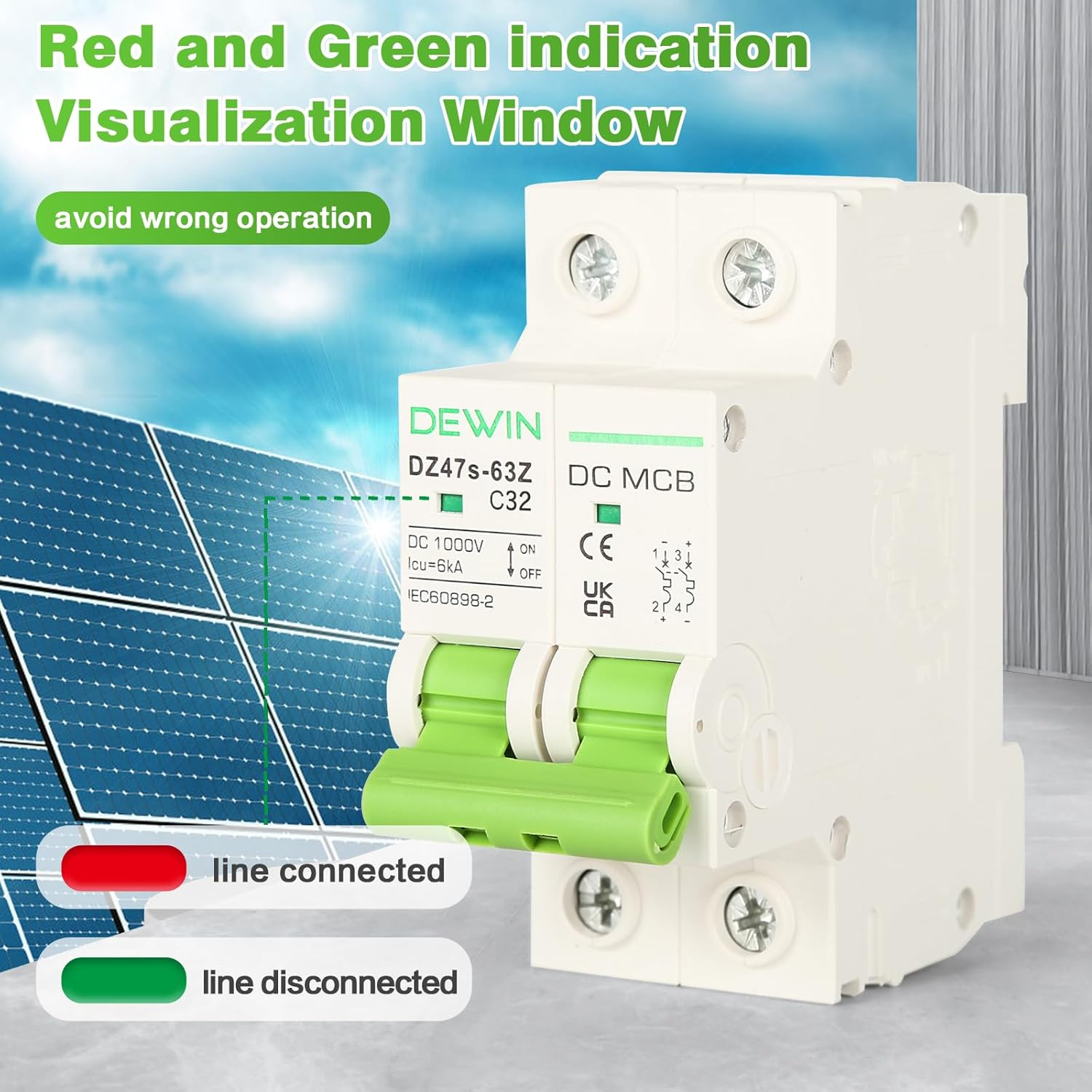 Victool DC Miniature Circuit Breaker, DC Circuit Isolator, Low Voltage Miniature Circuit Breaker DIN Rail Mount 2P 32A DC1000V image number 1