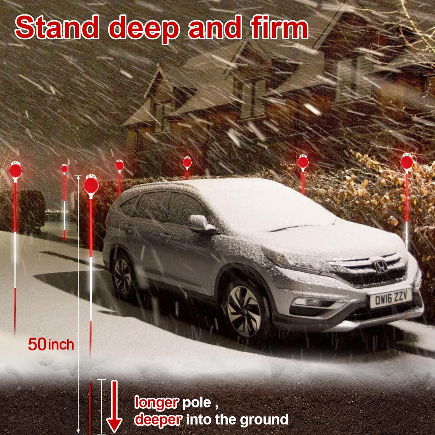 Reflective Driveway Markers - 50&rdquo;High Visiblility Driveway Reflectors Double Sided with Red & White Extra Thick Stainless Steel Pole - Rustproof for Road,Property Line,Yard,Snow Plowing - 8 Pack image number 2