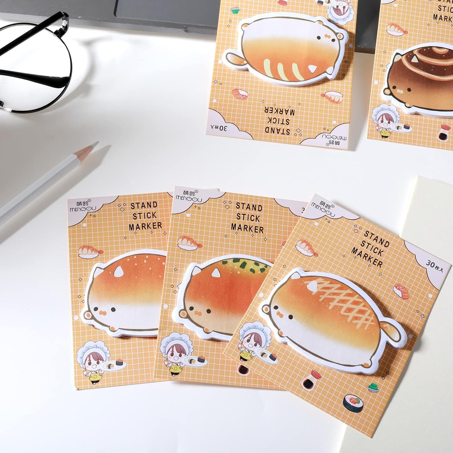 TIESOME Cute Sticky Notes, 5 Pack Cartoon Sticky Notes Cat Bread Shape Markers Flags Self-Stick Memo Pads Students Home Office Roommates Gifts Tab Supplies 150 Sheets image number 6