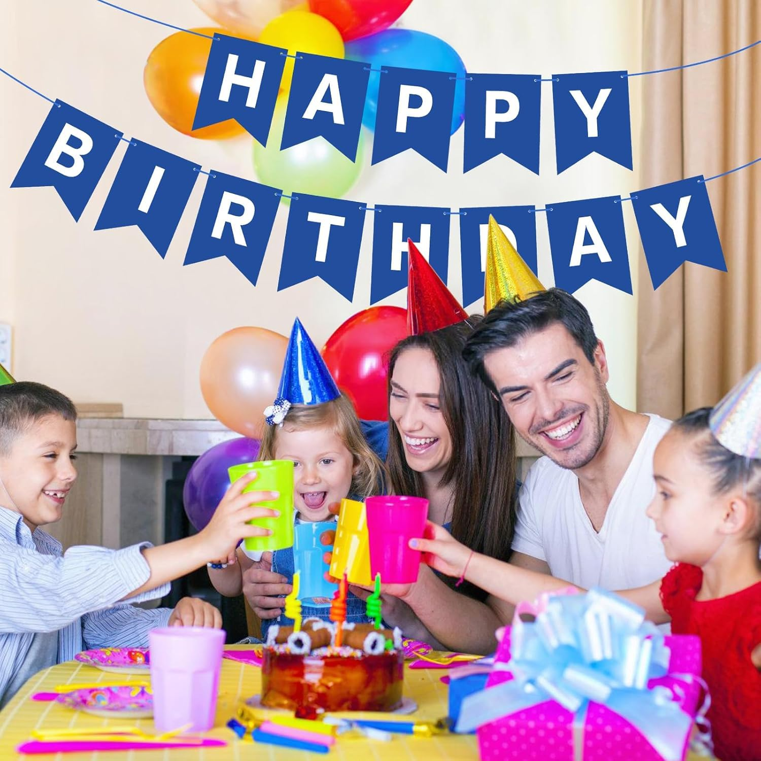 Lumjoy Large Navy Blue Happy Birthday Banner Nautical Theme - Boys and Girls Party Supplies Garland Decorations Signs & Nursery Hanging Decor - 13-Piece Set