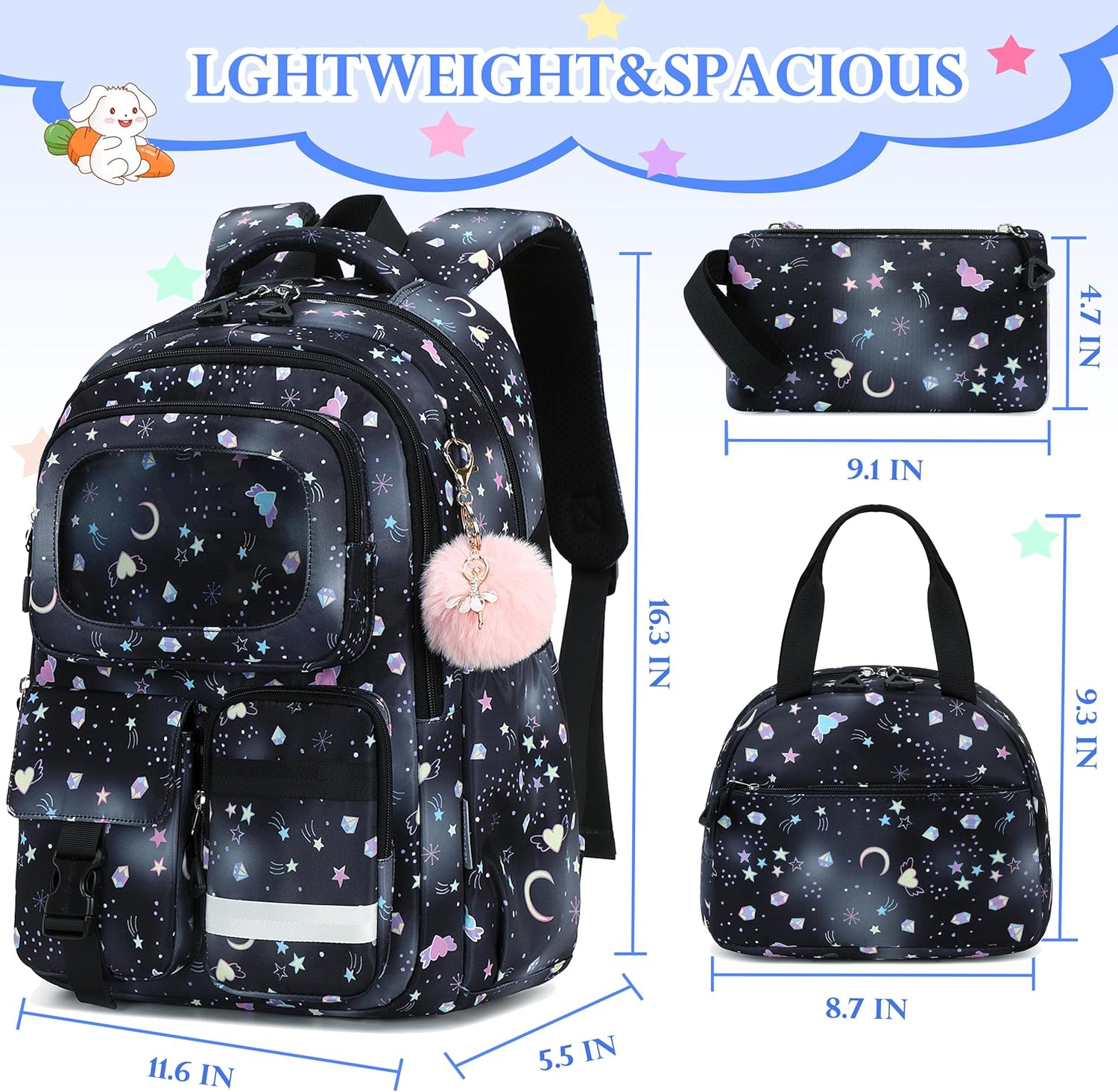 AO ALI VICTORY Backpack for Girls with Lunch Bag Kids School Bags for Elementary Middle School Students Cute Bookbag Set - Black Set image number 6