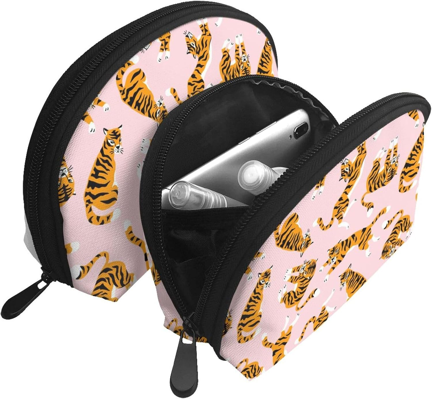 Cozimangoe Coin Pouch Makeup Bags Set, 2 Piece Shell Shape Cosmetic Bag with Pockets for Daily Travel Handbag Lipstick Keys Toiletry, Personalized Circus Animal Cute Tigers on the Pink Background