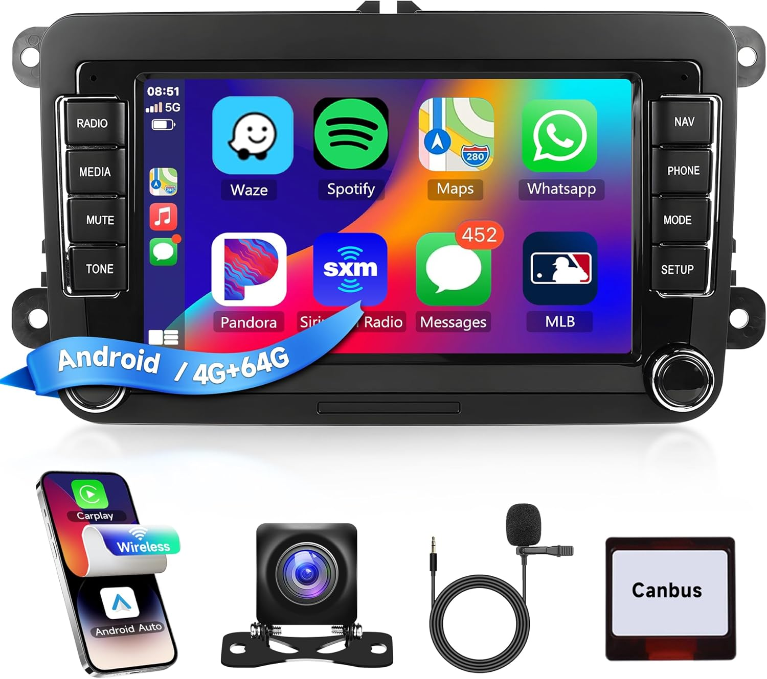 4+64G Android Car Radio for VW Passat Golf MK5 MK6 Jetta T5 EOS Polo Touran Seat Sharan Wireless Carplay Android Auto, 7'' Touchscreen Head Unit with Mirror Link Wifi GPS Bluetooth FM EQ Rear Camera