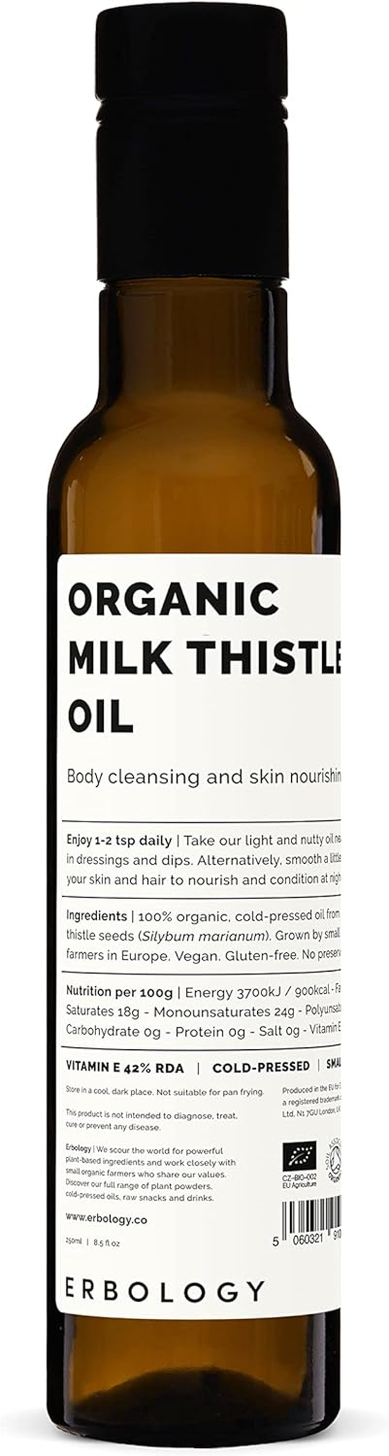 Erbology Organic Milk Thistle Oil 250Ml - Cold-Pressed - High in Vitamin E - Detoxifying - Straight from Farm - Non GMO - No Additives or Preservatives - Recyclable Glass Bottle image number 4