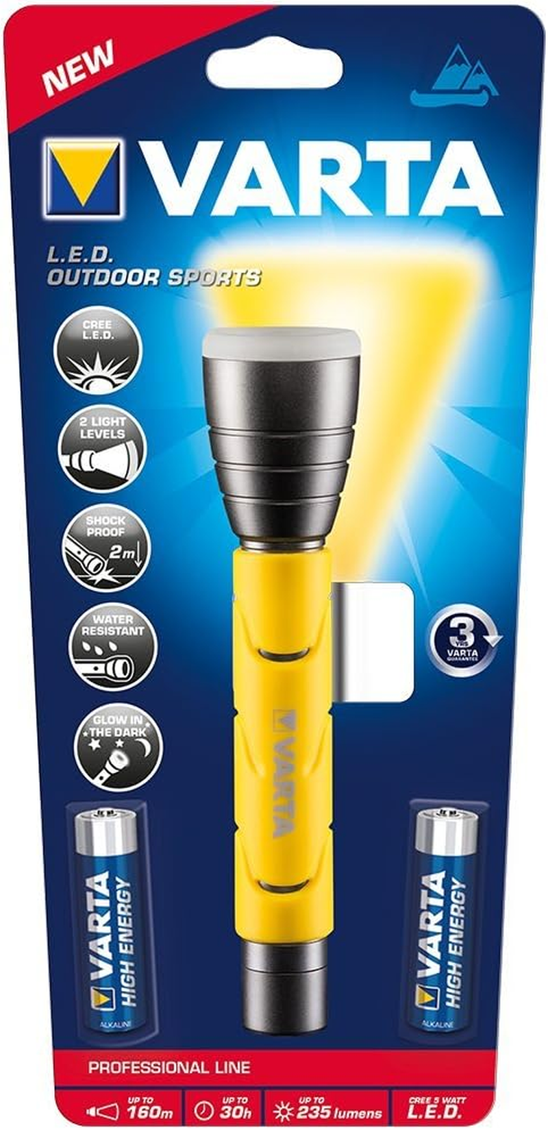 VARTA Outdoor Sports F20 LED Torch with 2 X AA Batteries, Light with Two Light Modes, Torch with Rubberised Handle, Very Robust, Yellow image number 2