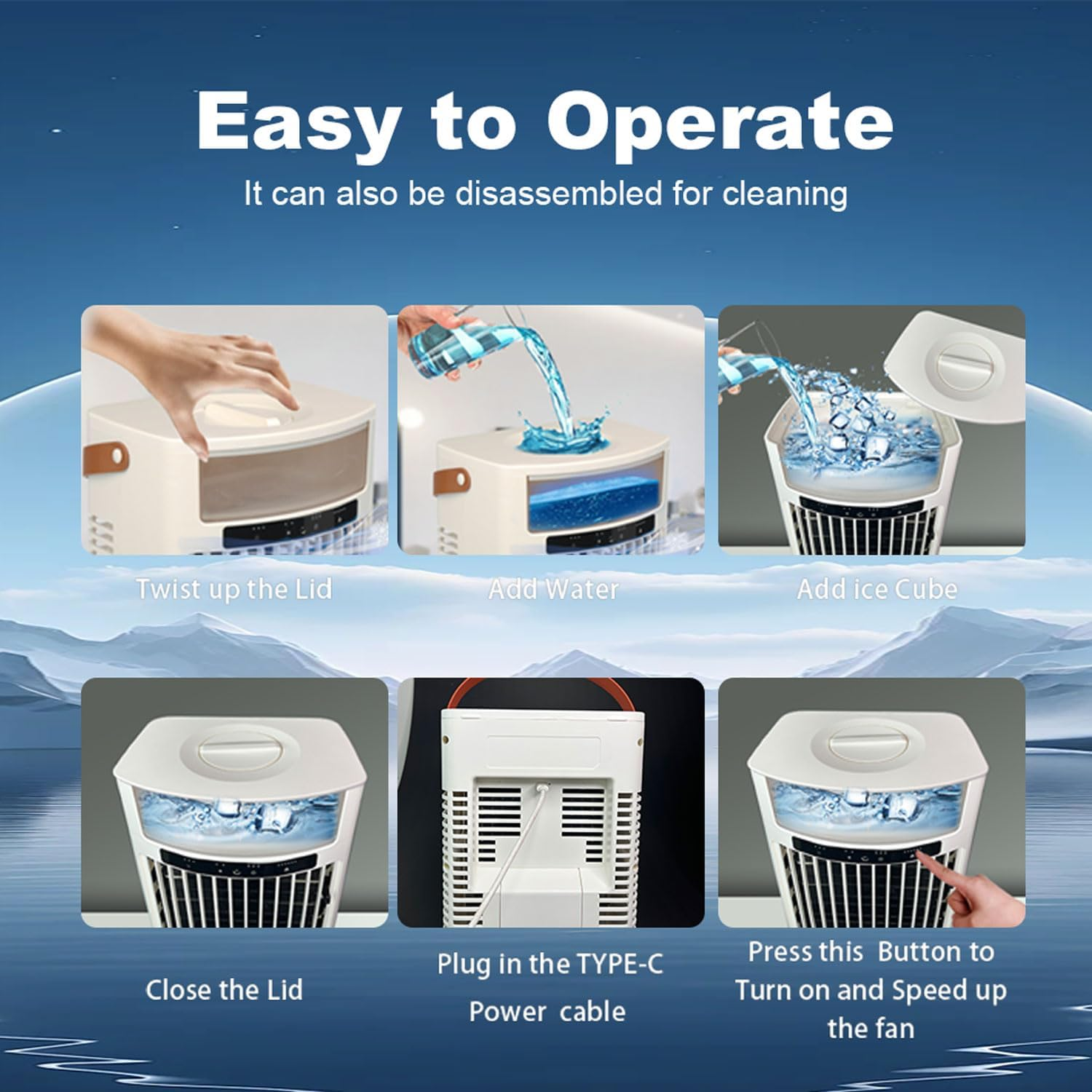 Portable Air Conditioner, 4 in 1 Air Cooler 1000ML Water Tank, Personal Fan 5 Speeds & 3 Spray Modes Timing Evaporative Air Cooler, 7 Color Night Light, Desk Cooling Fan for Bedroom Office Living Room - White image number 5