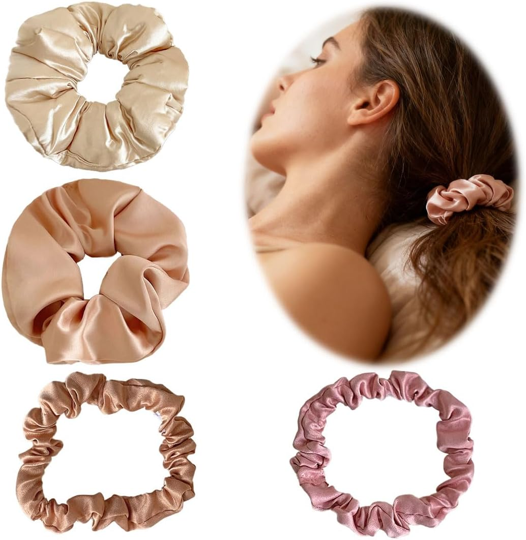 ZWWOGE 4 Piece Set Silk Bonnet for Sleeping, Consisting of Two Sizes Silk Hair Bobbles and a Scrunchies in Champagne Pink and Pink, Gentle on Hair, Satin Hair Scrunchie image number 2