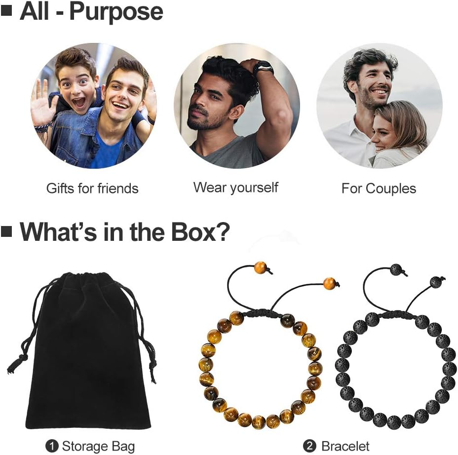 M MOOHAM Lava Rock Bracelet - 8Mm Stone Tiger Eye Bracelet Lava Rock Bracelet, Stress Relief Yoga Beads Adjustable Bracelet Anxiety Aromatherapy Essential Oil Diffuser Healing Bracelet for Men Women