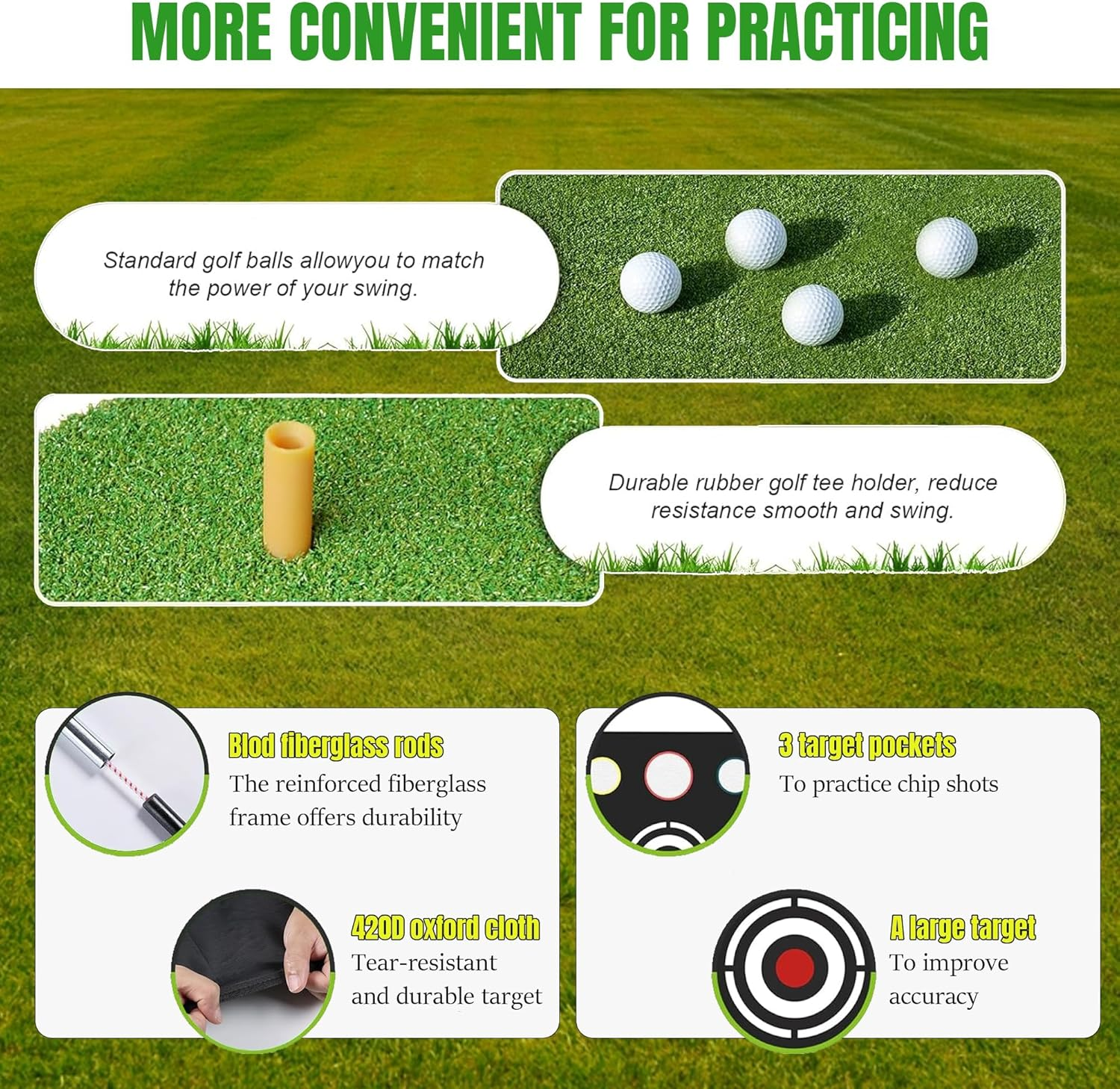 Golf Net, 10X7Ft Golf Practice Net with Tri-Turf Golf Mat, All in 1 Home Golf Hitting Aid Nets for Backyard Driving Chipping Swing Training with Target/Mat/Balls/Tee/Golf Lovers image number 4