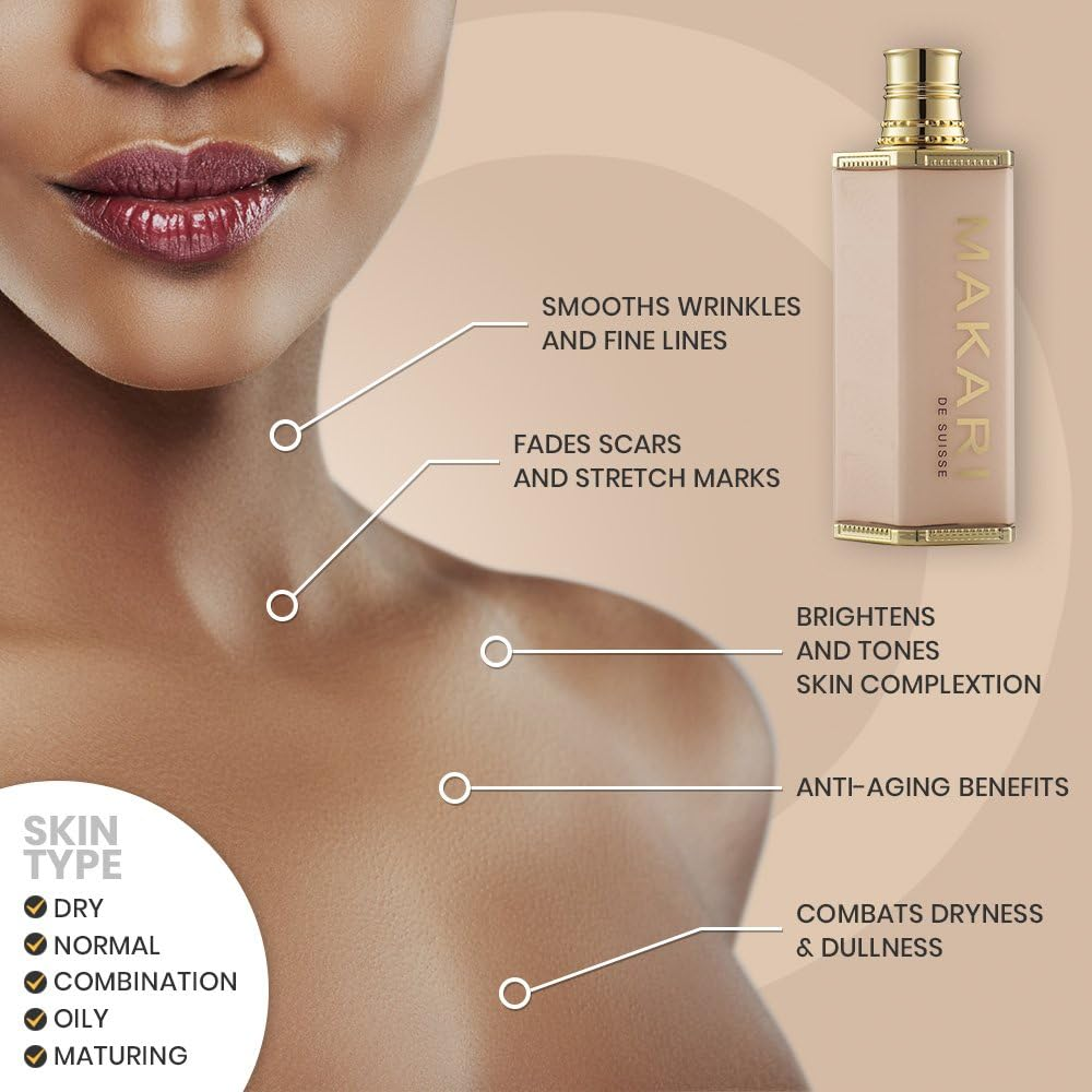 MAKARI Radiant Body Beautifying Milk - Unisex Anti-Aging Body Lotion - Reduces Hyperpigmentation, Stretch Marks, Scars & Blemishes - Skin Lightening & Brightening Formula - Infused with Evening Primrose Oil - Hydrating & Moisturizing - Diminishes Fine Lines & Wrinkles - Suitable for All Skin Types - 4.75 Oz (140Ml)