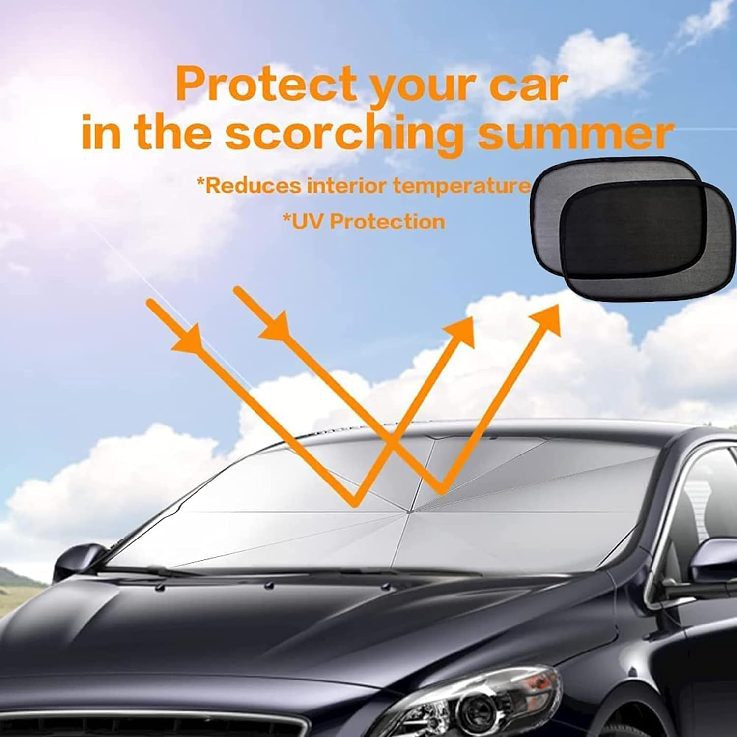 Car Windshield Sunshade Umbrella,Foldable Front Window Sunshade, UV Protection Sun Shade Umbrella with 2 Side Window Suns,Windshield Cover 55"X31"For Most Car