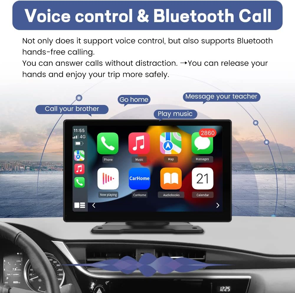 9 Inch Wireless/Wired Carplay, Android Auto and Mirror Link, IPS Touch Screen Portable Car Stereo, Bluetooth Audio, Siri, Navigation Car Screen for All 12-24V Vehicles