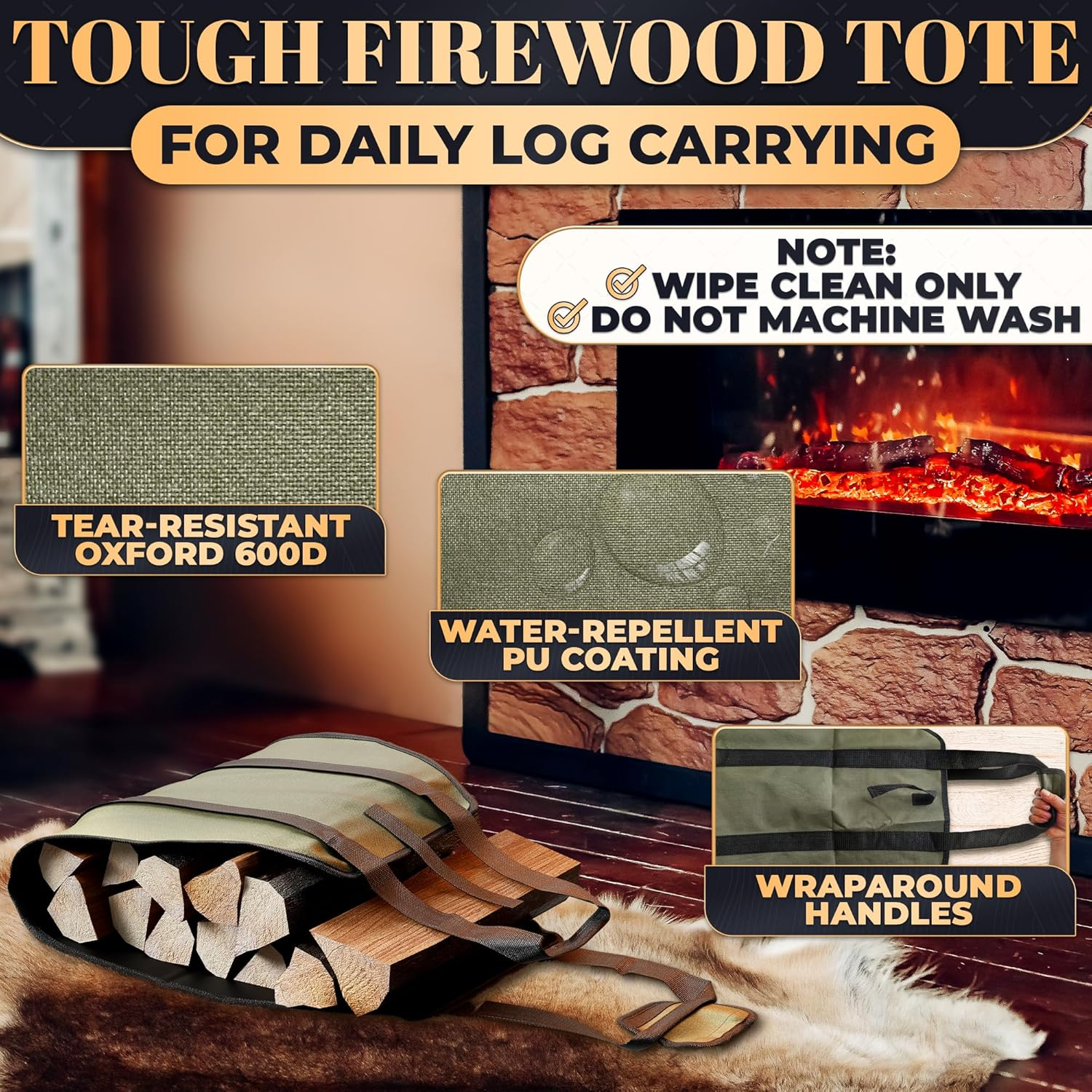 Waxed Wood Carrier for Firewood - 39.4X18.5 Inches Fireplace Log Holder Log Carrier for Firewood Fireplace Wood Holder Indoor Fire Log Holder - Firewood Carrier Canvas Log Holders for Firewood Outdoor image number 3