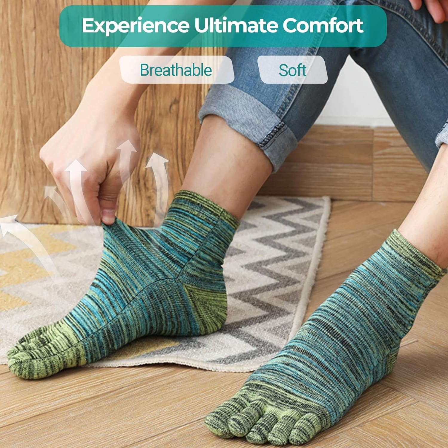 QUPOLPOL Men&rsquo;S Toe Socks &ndash; Retro Style Five Finger Cotton Socks, Breathable Moisture-Wicking Anti-Blister Athletic Socks for Running and Everyday Wear AU 6&ndash;11 - Multicolor-A image number 5