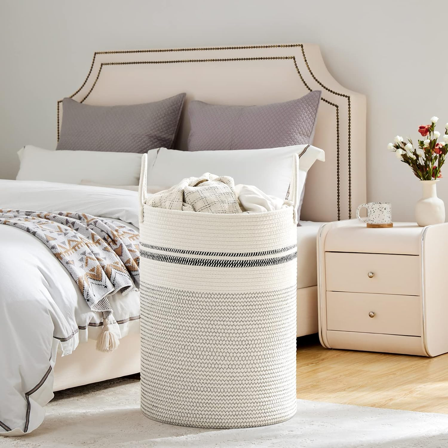 VIPOSCO Large Laundry Hamper, Tall Woven Rope Storage Basket for Blanket, Toys, Dirty Clothes in Living Room, Bathroom, Bedroom - 100L Stripe White image number 6