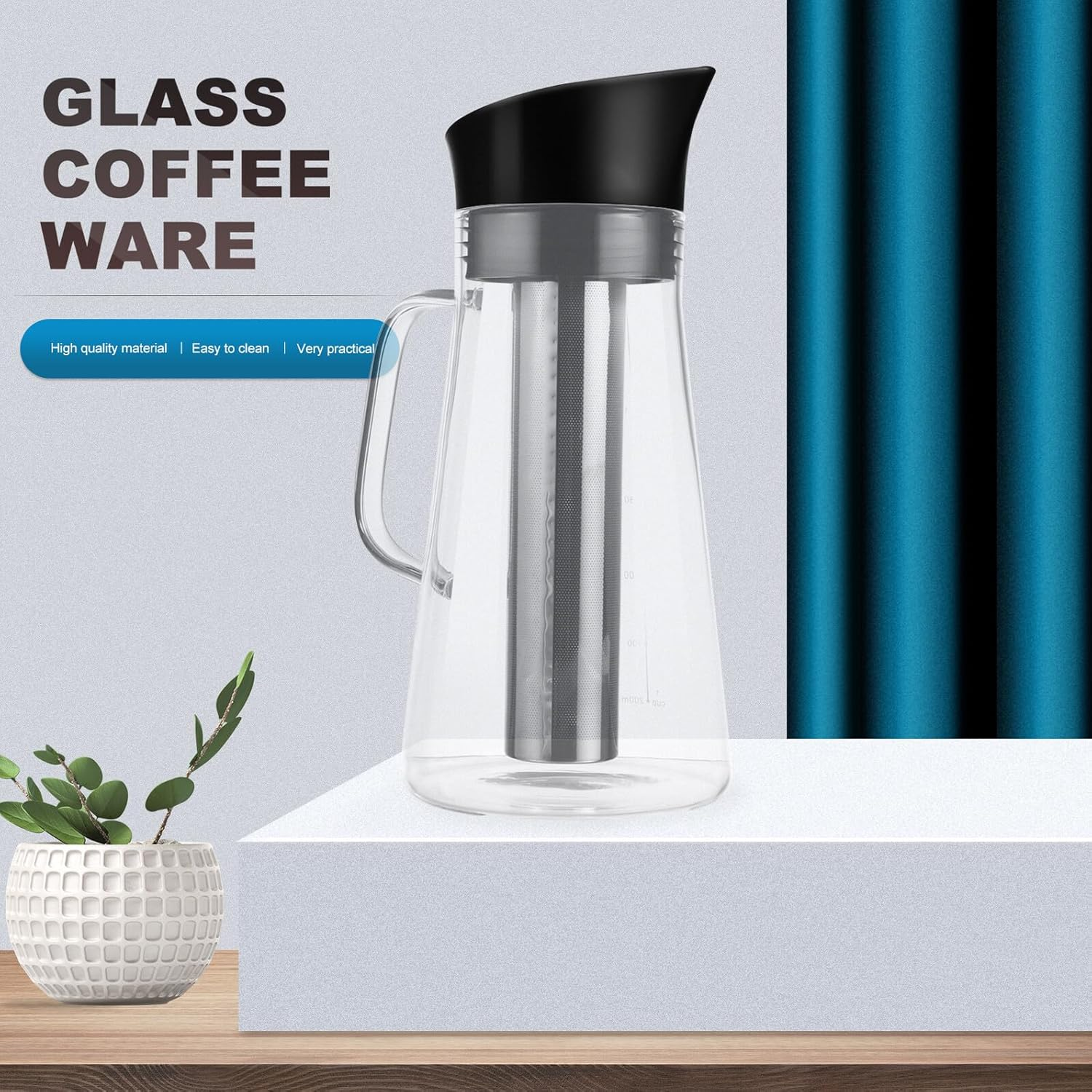 PERSELOSO Large Capacity Portable Heat-Resistant Glass Coffee Kettle with Filter Cold Brew Coffee and Tea Pot Lightweight and Easy to Clean for Travel and Home Use