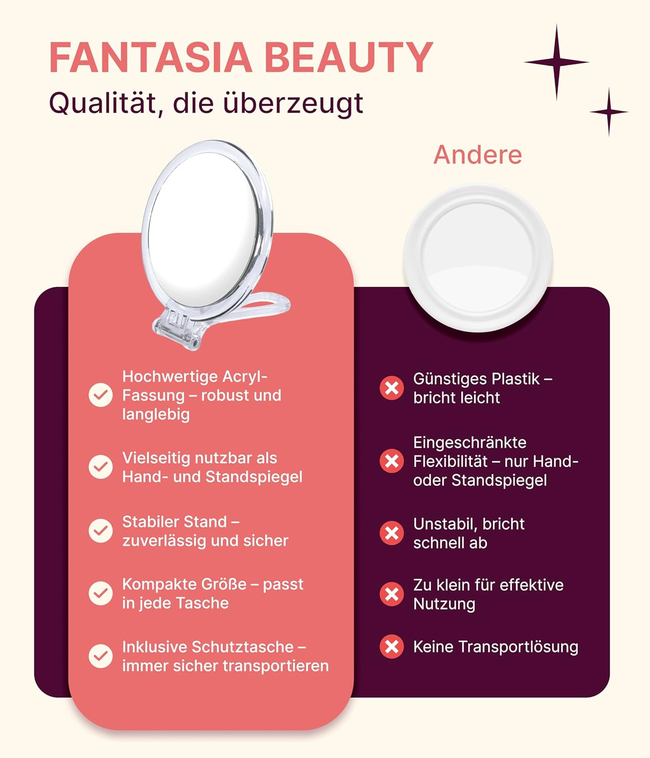 Fantasia Travel Mirror Acrylic Foldable: Double-Sided Makeup Mirror with 10X Magnification, Cosmetic Mirror with Handle, Make up Mirror Small with Gift Case Made of Velvet - Compact Mirror Clear - 16 Cm image number 4