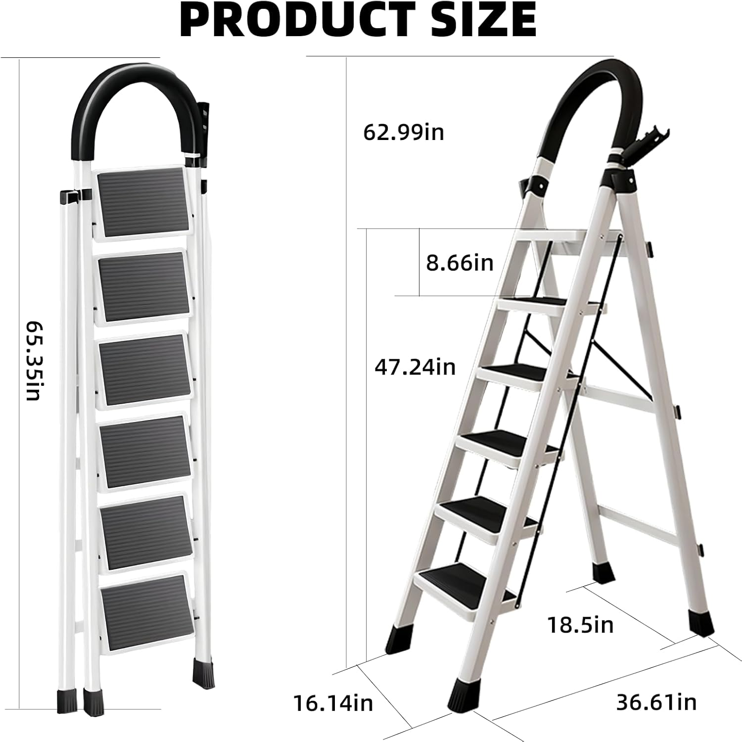 Stusgo 6 Step Ladders, Aluminium Folding Step Ladder,Sepladder Multi Height Platform for Home Office Warehouse, 150Kg Capacity Portable Non-Slip Upgrade the Security Buckle (White and Black) image number 2
