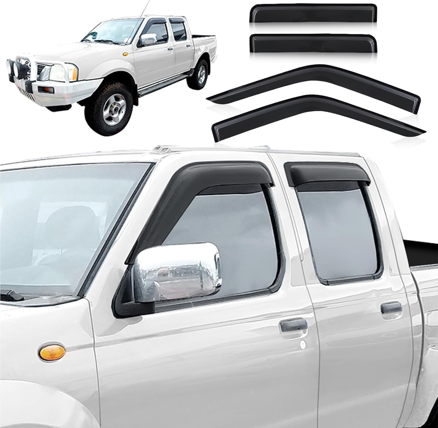 SUERAUTO4X4 Weather Shields for Nissan Navara D22 1997-2015 Dual Cab Accessories, Weathershields Car Wind Deflectors Window Visors Rain Guard Exterior, Injection Tinted Black 4Pcs/Set