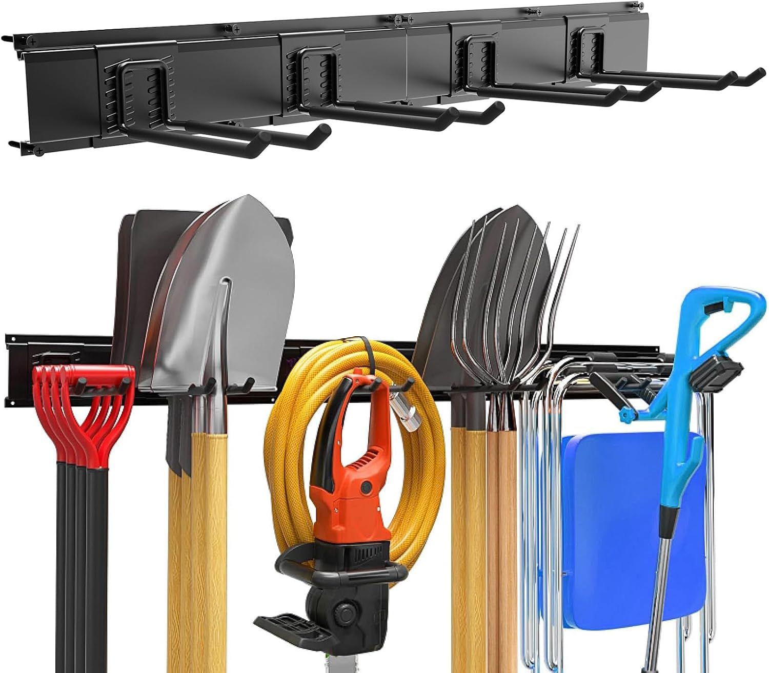 Garage Garden Tool Organizer Wall Mount, Heavy Duty Garage Tool Storage Rack 64 Inches, Max Load 440Lb - Shovel, Rake, Folding Chair, Weed Eater Storage