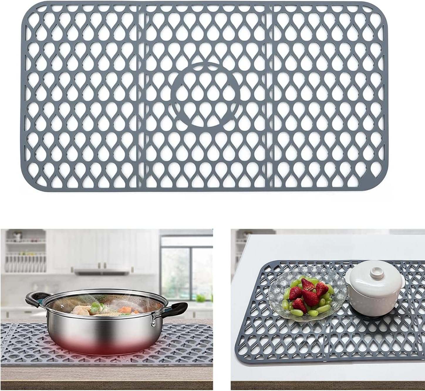 Foldable Non-Slip Sink Mat, Silicone Sink Protectors for Kitchen Sink, Sink Mat Grid for Bottom of Farmhouse Stainless Steel Porcelain Sink for Center Drain (26''X 13.8'')-Grey image number 4