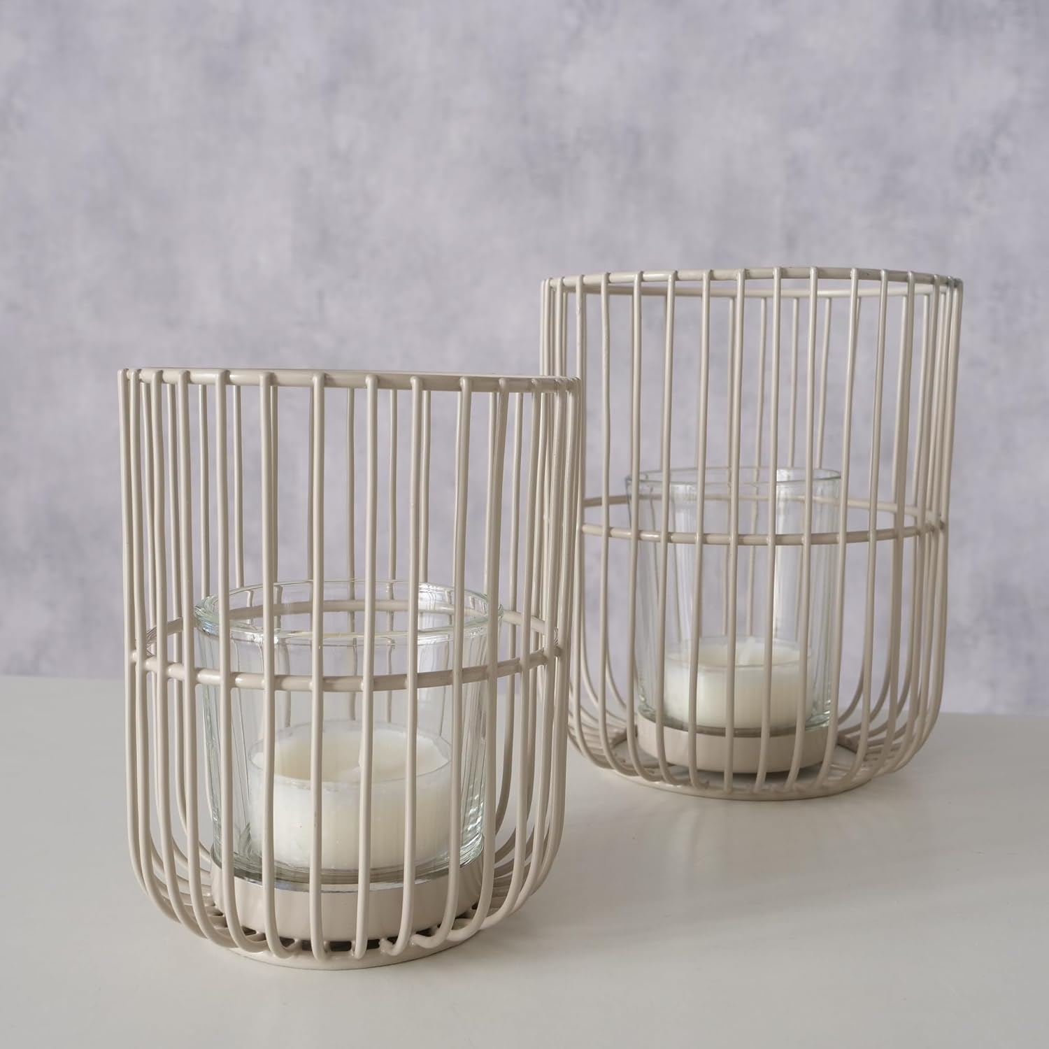 Boltze Cindy 2045316 Tea Light Holder Set of 2, Beige, Iron, Glass, 14-20 Cm High, Modern Design, Garden Decoration, Table Decoration, Candle Accessories, Lantern, Tea Light Glass