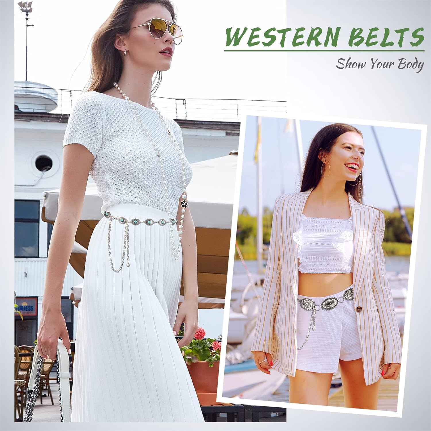 Junkin 2 Pcs Women Concho Western Chain Belts Turquoise Chain Belts Antique Western Waist Belts Country Metal Belt Link Belt image number 5