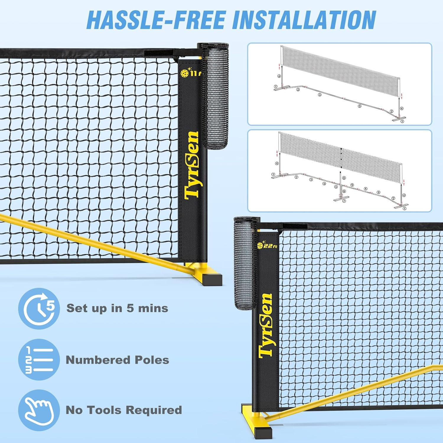TYRSEN Portable Pickleball Net for Driveway, 22 FT Regulation Size & 11 FT Half Court Size Pickle Ball Net with Ball Collector, 2-In-1 Pickle Ball Net with Carry Bag for Garages Backyard image number 2