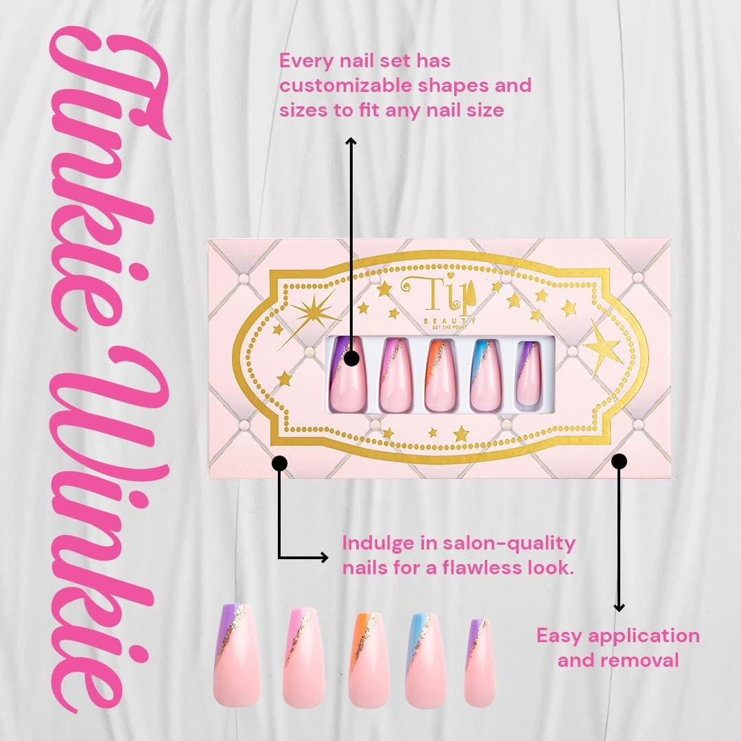Tip Beauty Coffin Collections | 28 Faux Nails & Specialized Nail Glue | Quick Drying Professional Salon Quality Glue on Fake Nail Kit | Faux Nails for Women, False Nails for Kids (Multi Color Aysemetrical French Manicure)