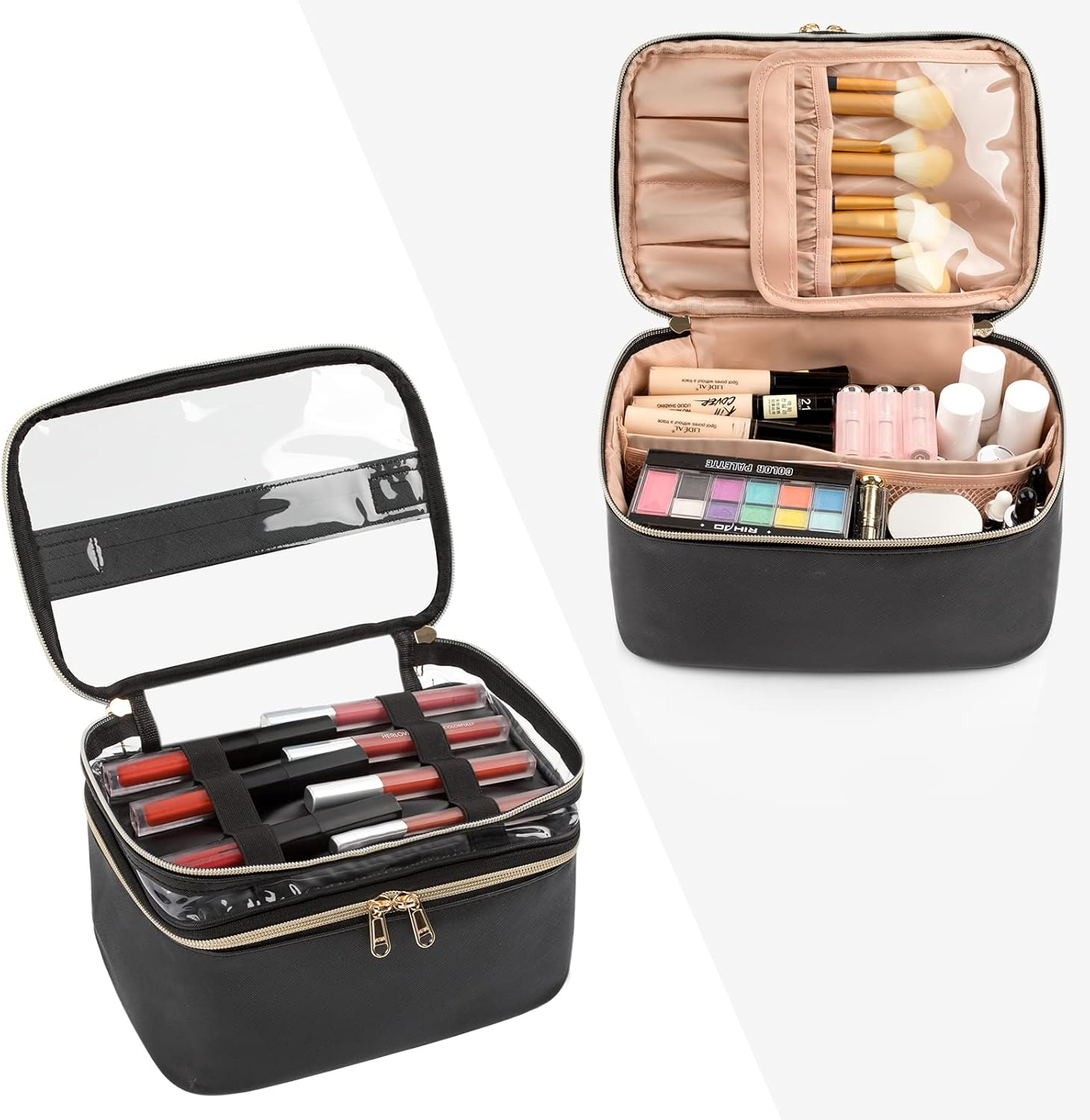 OCHEAL Makeup Bag, Double Layer Cosmetic Cases Travel Makeup Organizer Toiletry Bags Large Make up Bag for Women Girls with Adjustable Dividers and Brush Organize Area (Black Clear) image number 4