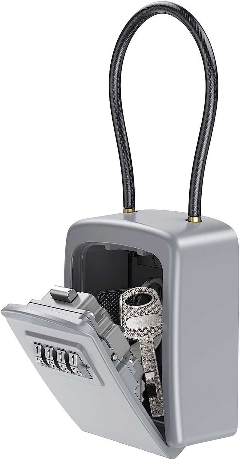 [New Version] Key Lock Box, Key Safe Box with Removable Chain, Resettable Code Key Storage Lock Box Waterproof with 4 Digit Combination, 5 Key Capacity for Home, Warehouse, Indoor & Outdoor Black