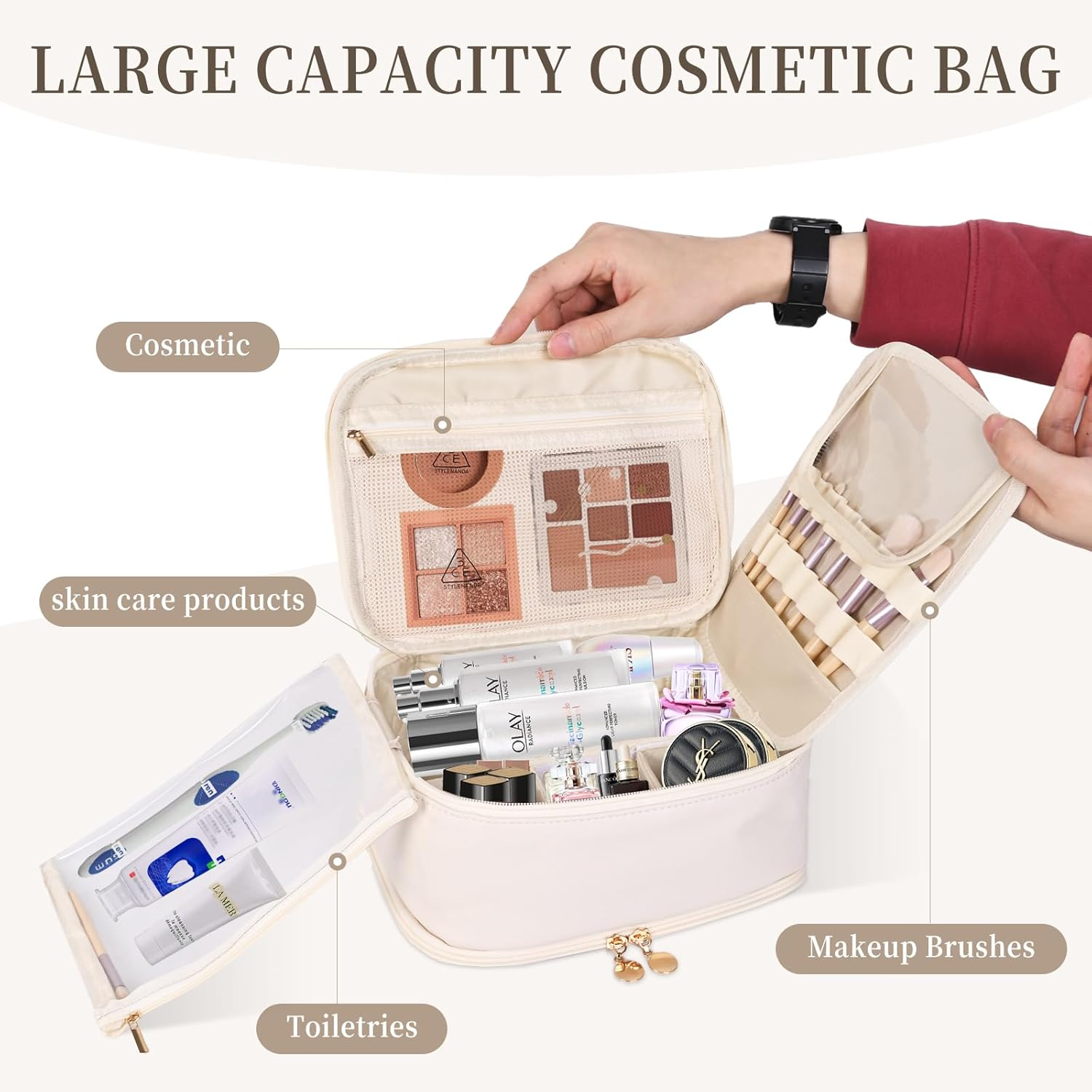 Travel Makeup and Jewelry Organizer Bag Large Capacity Portable PU Leather Cosmetic Bag with Removable Dividers image number 6