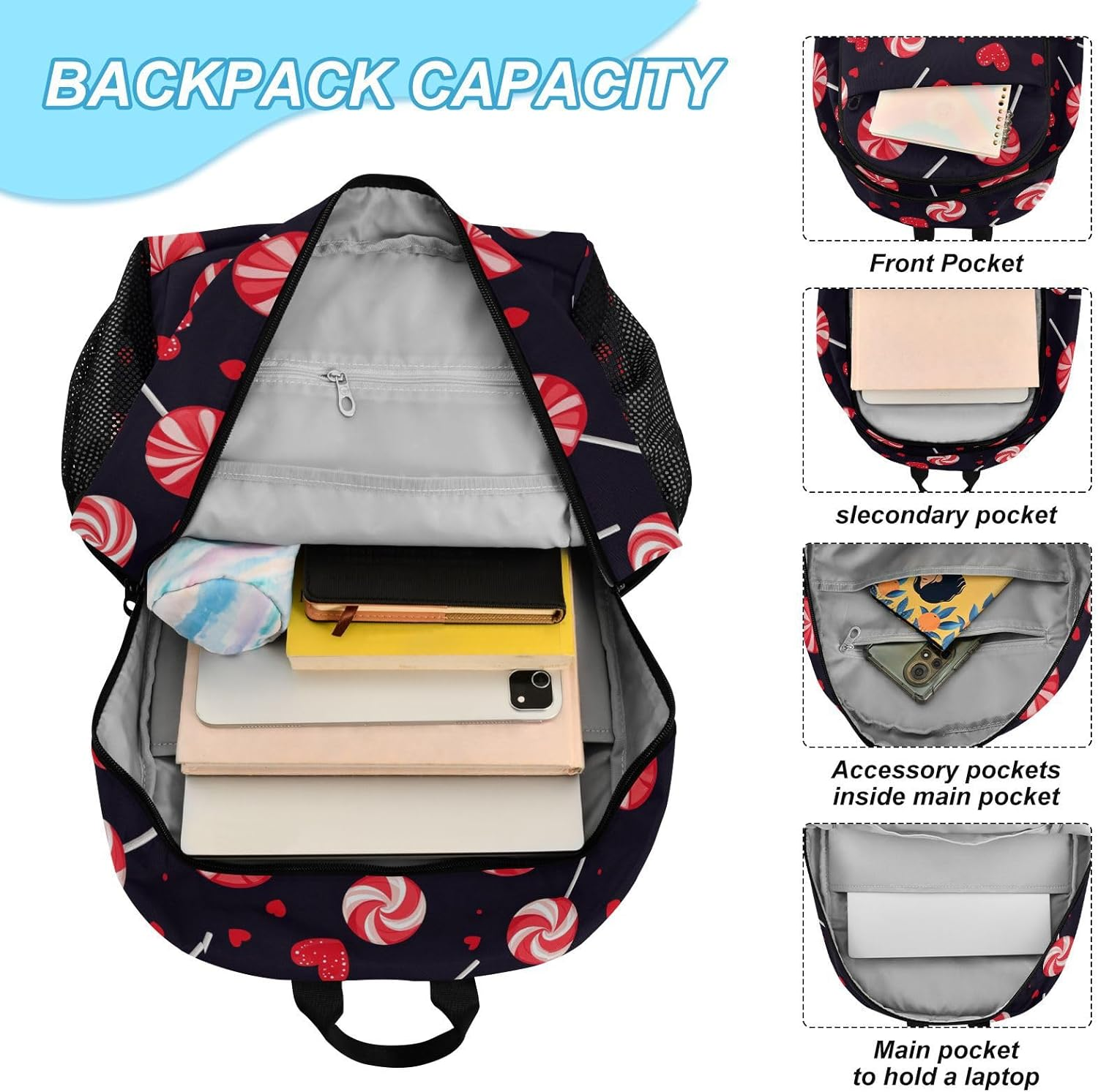 Lollipop Vintage Valentine'S Day Red Black Boys Backpacks with Lunchbox Bookbags with Lunchbox for Boys Boy School Backpack with Lunch Box 10-12, Lollipop Vintage Valentine'S Day Red Black, 1 image number 4