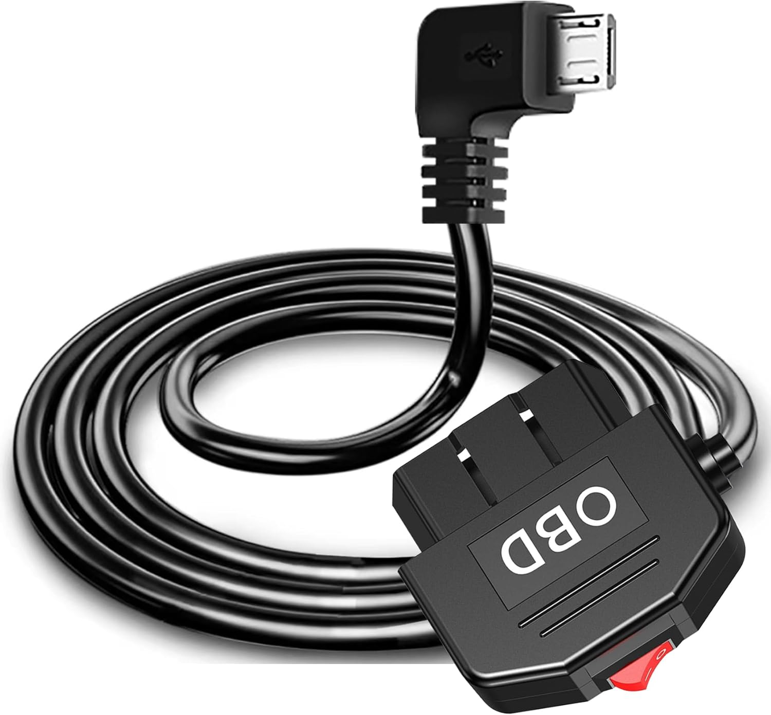 Tunghey Micro USB OBD2 OBD Power Cable for Dash Camera, OBD to Micro USB OBDII Adapter Hardwire Charger Cable 24 Hours Surveillance and Acc Two Mode with Switch Button 3.5M (Right Angle)
