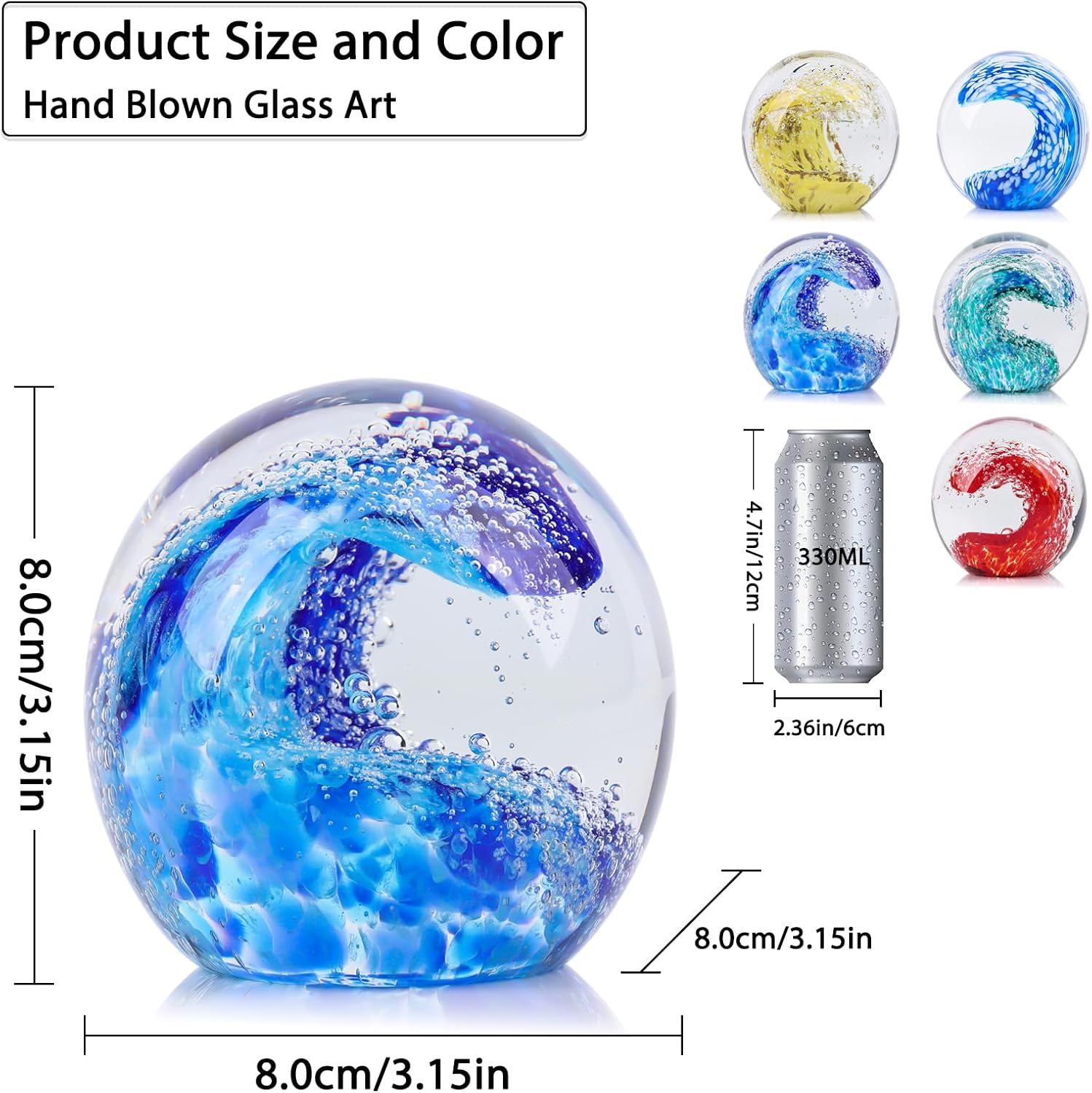 Hand Blown Glass Ocean Waves Glass Ball Beach Office Decor, Blue Glass Paperweight Ideal Beach Decorations for Home, Suitability Seaside Villa Aquarium Ocean Lover'S Gift image number 4