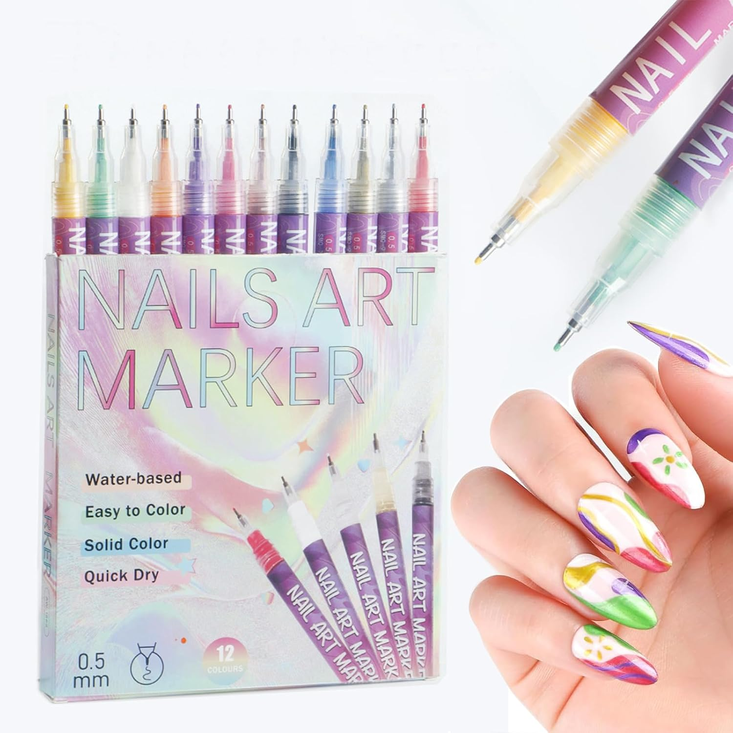 12 Colors Nail Art Pens Set, Nail Art Markers for Gel Nails, Quick Dry Nail Polish Pens for Nail Acrylic Paint Pens Nail Markers for Nail Design Kit Home Nail Salon DIY image number 4