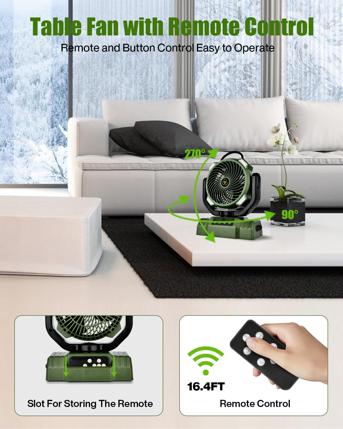 Camping Fan, 10000Mah Portable Fan for Camping with LED Lantern, Rechargeable Desk Fan Ceiling Tent Fan with Remote, Hook & Handle, 270&deg; Pivot, 4 Speeds, Timer & Power Bank Function image number 3