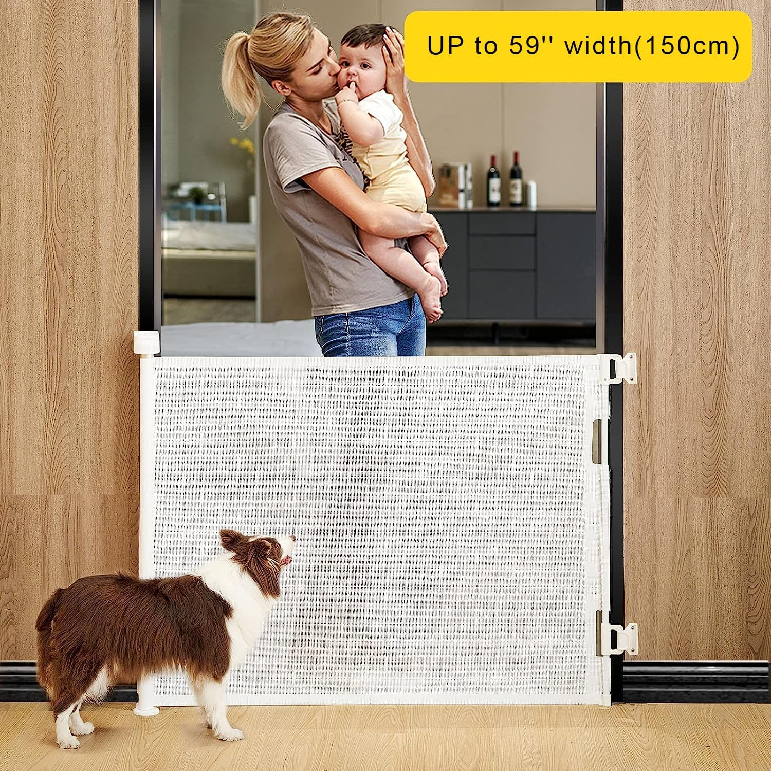 ZONEY Retractable Baby Gate, Baby Gate or Mesh Dog Gate, 33" Tall, Extends up to 55" Wide, Child Safety Gate for Doorways, Stairs, Hallways, Indoor/Outdoor (33"X55") (White, 33"X55"(150 * 86Cm))