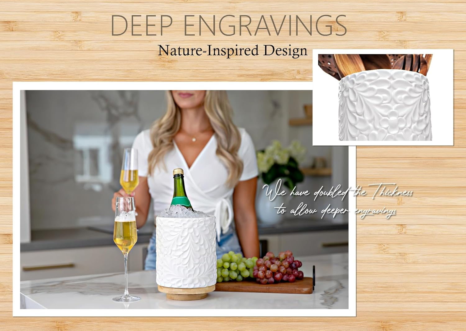 Extra Large 360&deg; Rotating Utensil Holder for Kitchen Counter, 8.3&rdquo; Cooking Utensil Holder for Countertop with Bamboo Base, White Ceramic Utensil Crock Canister for Cooking Utensils - Engraved Design