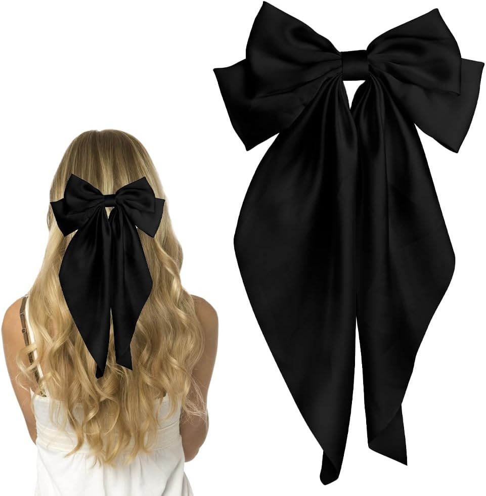 Pufandor Hair Bow Silky Satin Hair Ribbons for Women, Orange Bows for Girls Hair Bowknot Barrettes Long Tails with Clips Big Hair Bows Hair Accessories (Orange 1Pc)