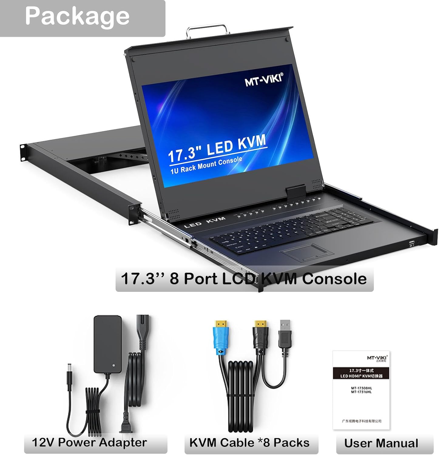 MT-VIKI Rack Mount KVM HDMI with 17.3'' LCD Monitor, 1080P Support Osd/Hotkey, Included 8 KVM Cables+Keyboard + Touchpad, Fit 1U 19'' Rack image number 5