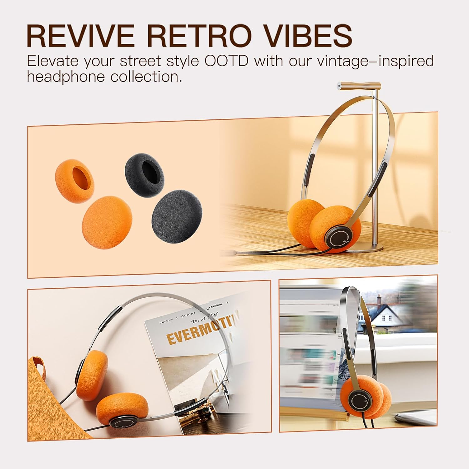 Ikf Y3 Retro Wired on Ear Headphones, Hifi Stereo Sound, Adjustable Headband, 3.5Mm Jack, Lightweight and Comfort, Replaceable Orange Ear Pads Suitable for Walkman/Computer