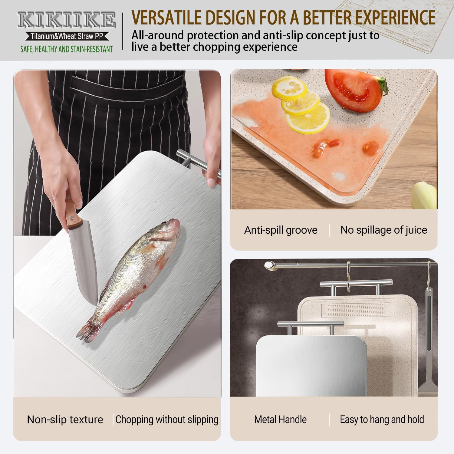 Titanium Cutting Board Double Sided Pure Titanium Cutting Boards for Kitchen, Pure Titanium & Wheat Straw PP Food Grade Metal Chopping Boards Easy to Clean Large Size image number 4