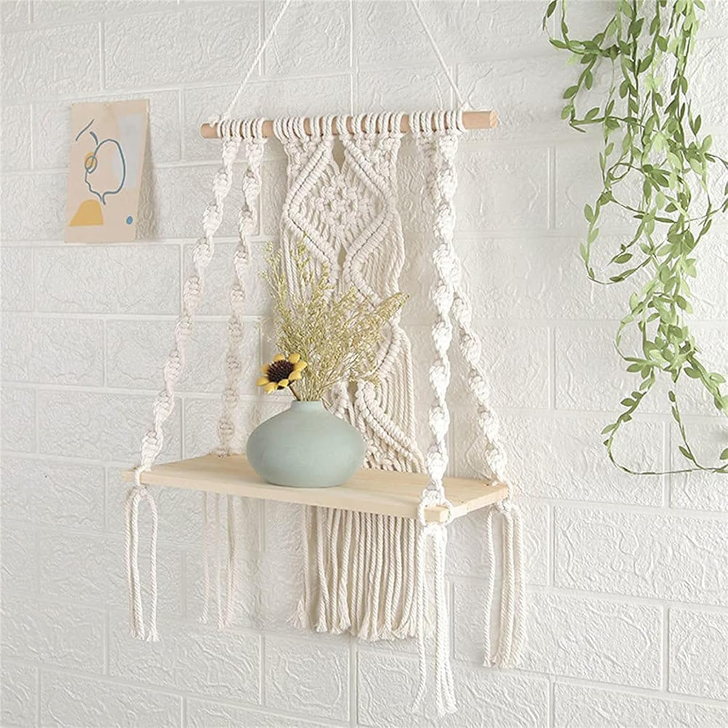 Macrame Wall Hanging Shelf, Handmade Boho Floating Wood Shelf with Decorative Rope, Indoor/Outdoor Plant Display Storage Shelf image number 4